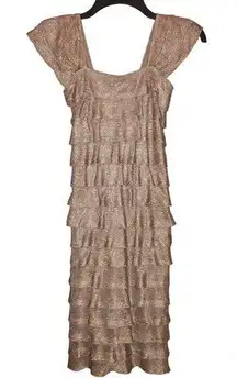 Max Studio Ruffle Fringe Sleeveless Tiered Dress Gold Metallic XS