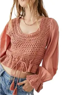 NWT Free People Boho Puff Sleeve Megan Crocheted Cropped Top Coral Shirt XS $128