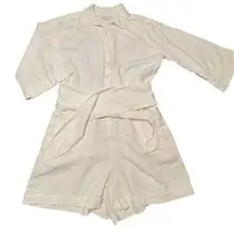 Free Assembly cream linen blend shorts romper jumpsuit belt button front Sz S