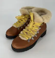 J Crew Women's Round Toe Faux Fur Lace‎ Up Lug Sole Combat Boots Brown Size 9 M
