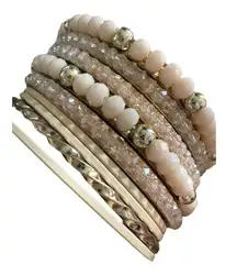 Rhinestone Beaded Gold Bangle Stack Bracelets One Size Boho Glam
