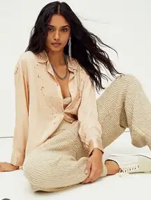 Free People Textured Knit Pants Cream Logan Pass Balloon Joggera LARGE Ribbed