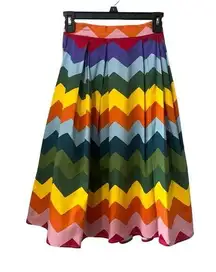 Collectif Malibu Rainbow Chevron Swing  Zigzag Knee Len Skirt Size XXS 2 1950s