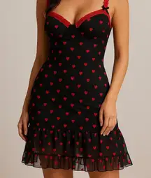 Madden Girl Black Mesh Mini Dress Red Heart Print Lace Trim Slip Dress Size M
