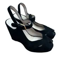 Stuart Weitzman Turnover Suede Wedge Sandals Size 6.5 Black Heels