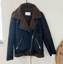 black faux leather aviator style jacket with brown Sherpa lining size small