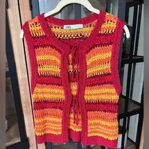 Zara Tie Front Bows tank top knit crochet red orange ganni trendy summer coverup