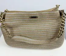 Eric Javits NY Womens Metallic Raffia Double Chain-Link Strap Purse Gold Silver