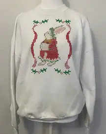 Vintage Christmas sweatshirt white Jerzees  holiday rabbit puffy paint ugly L