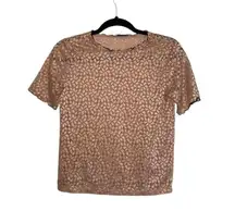 Trafaluc Peach Allover Sheer Lace High Neck Boxy Top