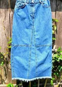 Lauren Jean co Vintage blue denim maxi midi skirt raw edge size 10