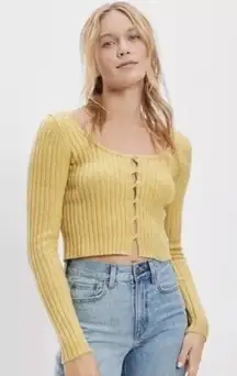 American eagle yellow green ribbed button front cardigan sweater‎