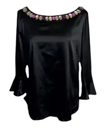 ECI New York Black Soft Satin Rhinestone Bell-Sleeve Blouse Size L Stretch Zip