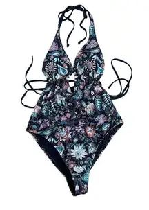 LSPACE Liberty Floracopa Pamela One Piece Swimsuit Size 6 Floral Plunge Halter‎