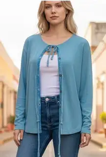 Russ Berens SZ S VTG Cardigan Blue Button Down Deco Ties Jersey USA Velvet Trim