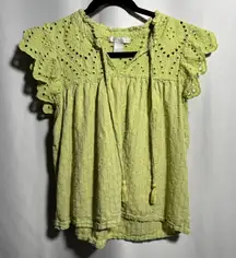 Design History Green Eyelet Ruffle Sleeve Women L Blouse Boho Romantic Swiss Dot