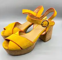 Anthropolgie 37 6.5 Sandals Yellow Suede Cork Platform Block Heel Buckle Retro