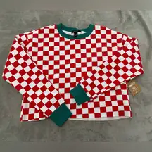 NWT Forever 21+ Red & White Checkered Round Neck Cropped Sweatshirt, S