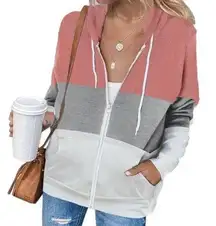 PINK GRAY WHITE ZIP CLOSE COLOR BLOCK DRAWSTRING HOODIE SIZE 2XL (18-20)