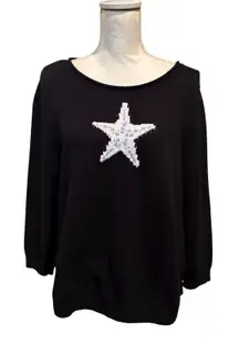 Talbots Womens Petite XL  Sweater Blue Starfish Cotton  Roll‎ Neck Coastal Beach