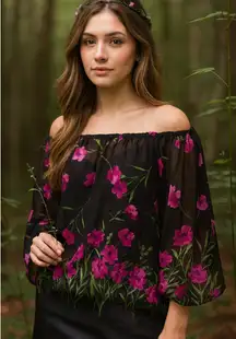 Dennis Basso Dark Fairy Floral Cold Shoulder Blouse M Black Whimsigoth Romantic