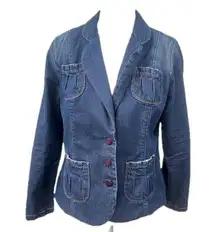 Denim Blazer 3 Button Boutique Front Pockets Western Large Boho Jacket Womens