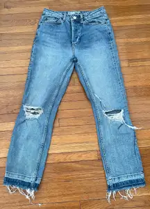 Moto Distressed Ripped Raw Hem Light Blue Y2K Jeans, size 26x30”