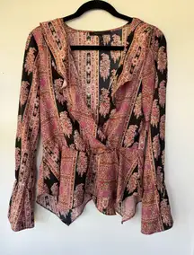 BCBGMaxAzria‎ Pink and Black Asymmetrical Wrap Style Blouse Longsleeve Medium