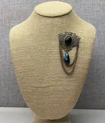 Vtg Ornate Filigree Brooch Pin Goth Black Blue Oval Cabochon Silvertone Grunge