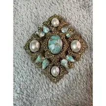 Vintage Sarah Coventry Gold Toned Faux Turquoise Pearls Brooch Pin Signed