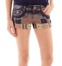 Hot Kiss Rustic American Patriotic US Flag Patchwork Jean Shorts Jr Size 9