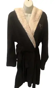 Victoria’s Secret Hooded Sherpa Fleece Robe M/L Black Belted Midi Lounge Cozy