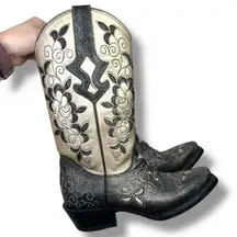 J.B. Dillon Calf Pointed Toe Black Gold Cowhide Leather Western Cowboy Boots 7.5