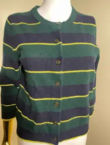 J. Crew Green   and yellow striped button down  cashmere wool  cardigan size L