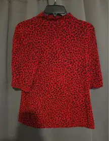 Liz Claiborne Red Animal Print Turtleneck, Cheetah Leopard Print, Stretch Fabric