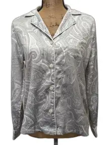 Lauren Ralph Lauren Satin‎ Pajama Top Monogrammed Pocket Gray Paisley Size Small
