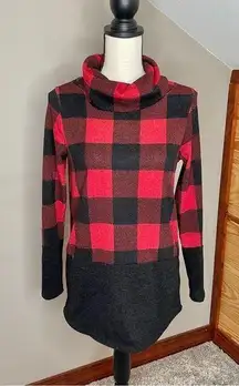 Red Black Buffalo Plaid Color Block Turtleneck Sweater Top Small