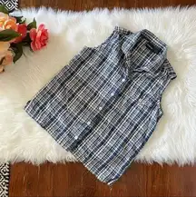 90s Blue Plaid Texture Tank Top Button Up Women's Size Small