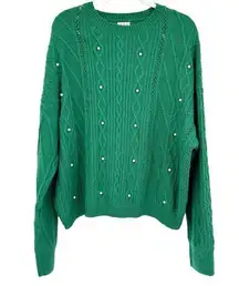 POL Womens Pearl Bead Embellished Pullover Cable Knit Sweater Size L Kelly Green