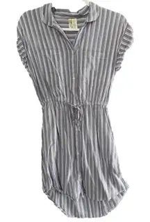 Japna Blue White Striped Button Front Shirt Dress with Tie Waist