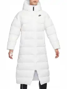 Nike Therma-FIT Long White Duck Down Puffer Coat Women’s Sz 1X Hooded Full Zip