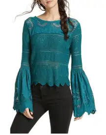 Free People Once Upon A Time Teal Lace Knit Bell Sleeve Top Fairy Boho