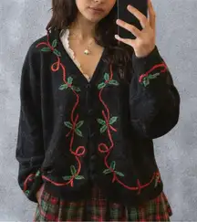 Vintage 90s Croft & Barrow Christmas Black Holly Embroidered Cardigan Sweater XL