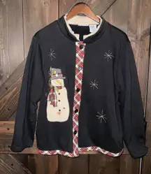 Blair VTG Women's Large Snowman Plaid Christmas Cardigan Pockets Embroidered
