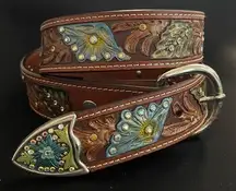 Western Tooled Leather Studded Rhinestone Belt