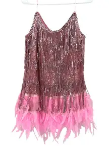 Judith March Size Large Mini Dress Party Sequin Feather Pink Sparkle Holiday