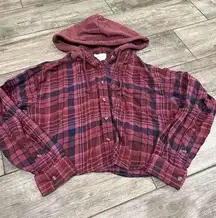 American Eagle  Distressed Cropped Flannel Hoodie Size Small Oversized