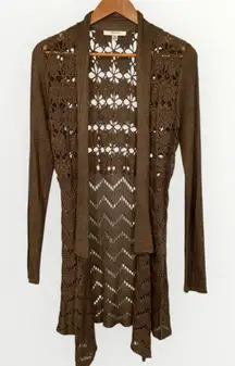 Dressbarn Brown Floral Crochet Retro Boho Open Front Sweater Long Cardigan XS