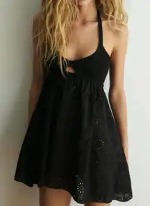 Blogger Fave Black Embroidered Cutout Halter Mini Dress