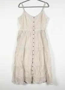 Sundry x Evereve Cotton Stripe Print Tiered Button Front Midi Sun Dress Beige L